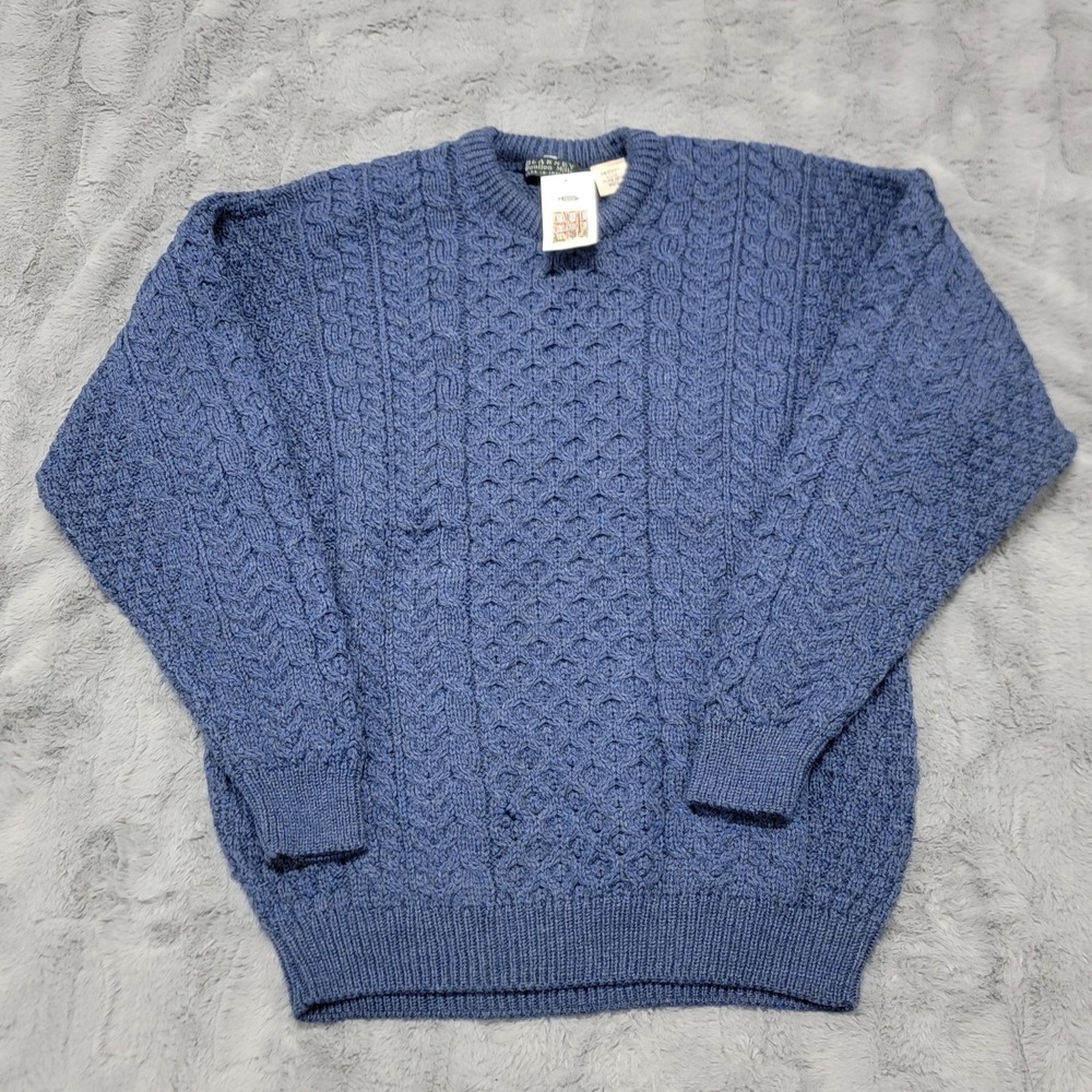 Blarney Woollen Mills Sweater Mens Large Blue Merino Wool Cable Knit Crewneck